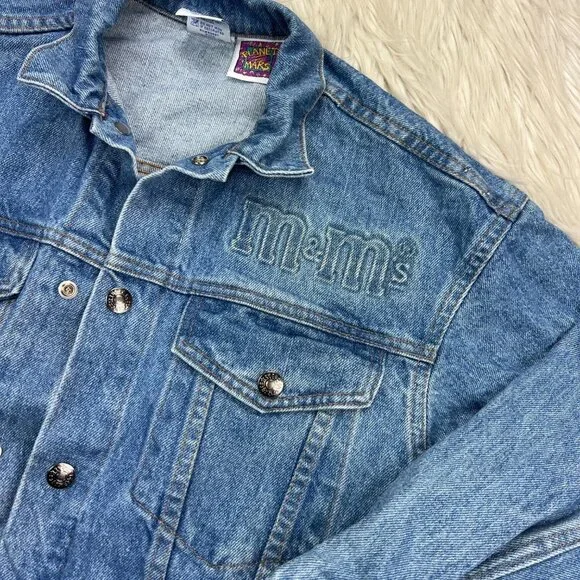 Vintage 90's Planet Mars Yellow Peanut M&M Embossed Denim Jacket - Picture 4 of 8